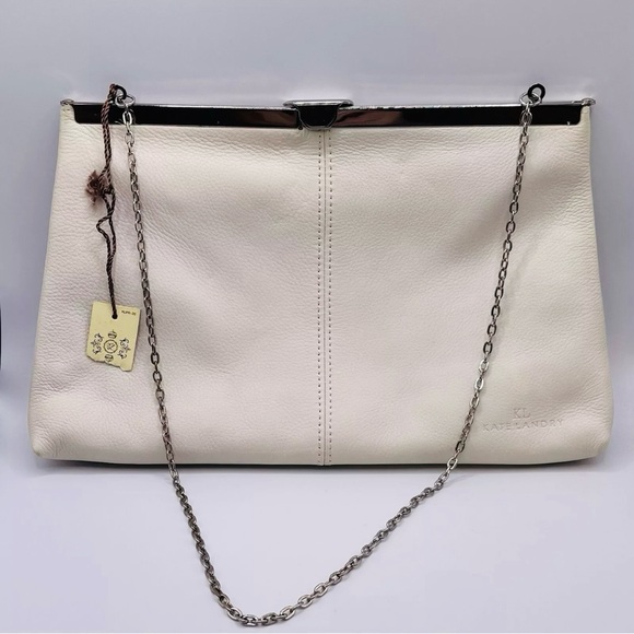 Kate Landry KL Clutch Evening Bag Purse Chain Strap Leather Large Bone Ivory New